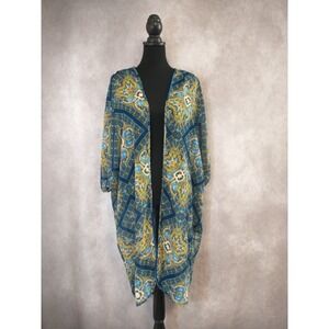 Live‎ 4 Truth Blue & Yellow Long Floral Kimono Size 1x Coverup